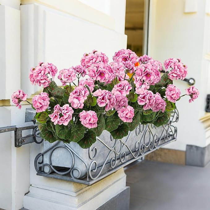 Uqueeten Plastic Flowers for Outdoors Home Decor Fake Plants Artificial Flowers Artificial Geraniums Outdoor Fake Flowers Silk Bouquet, Fall Decor for Interior Porch Garden Decor14.4 (Pink) 8PCS