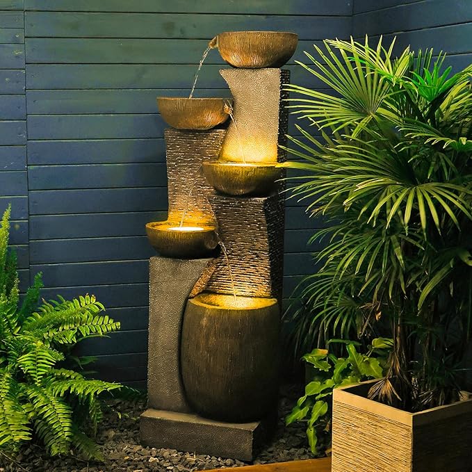 Outdoor Water Fountain - 51.4 Inches 5 Tired Modern Indoor Floor Standing Outdoors Fountains with Lights Pump for Garden Patio Backyard Porch Home Art Decor