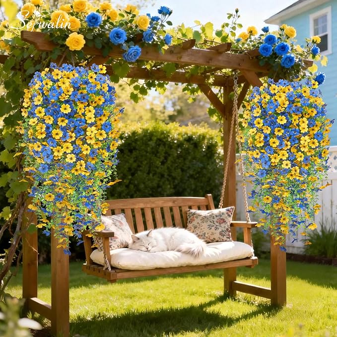 Serwalin 12PCS Artificial Fall Flowers for Outdoors Decoration, Realistic Silk Artificial Fall Hanging Flowers for Patio, Garden, Porch, Window, Outside (Yellow& Blue,12PCS)