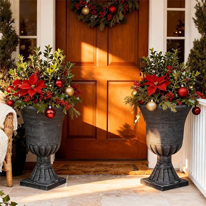 Autodaya 22" Urn Planters Outdoor Planter for Plants Set of 2 Timeless Plastic Large Flower Pot with Drainage Hole Handmade Washed Black Finish Garden Pots for Porch, Patio Christmas Decor