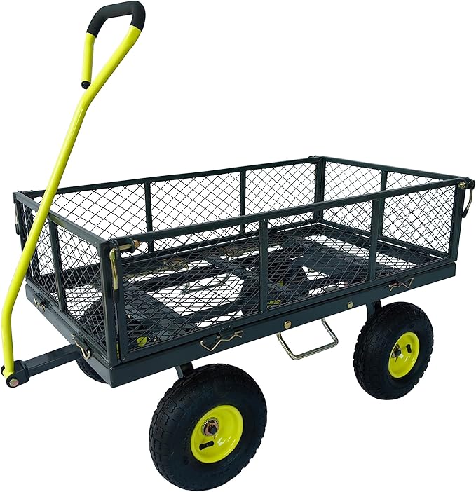 Yard Tuff 3-in-1 Dual Side Dump Wagon with Fold-Down Sides for Outdoor Garden, and Lawn with Pneumatic Tires and Heavy Duty Steel, 20 x 38 Inch