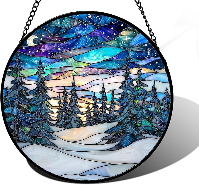 DASTOLL Stained Glass Window Hanging, Starry Sky Trees and Snow Sun Catchers Glass Panel Blue Suncatcher Decor for Birthday for Women, Men, Wife, Aunt, and Mom 11.8x11.8 in