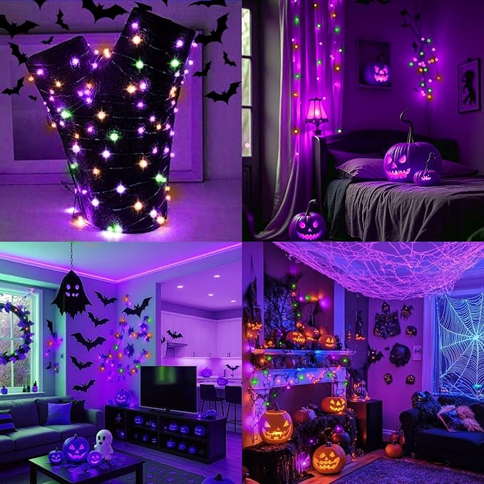 LAMPHOME Halloween Fairy Lights Plug in, 33Ft 100 LEDs Waterproof Twinkle Firefly Lights, Adaptor Included, Starry String Lights for Wedding Indoor Outdoor Christmas Patio Garden, Orange Purple Green