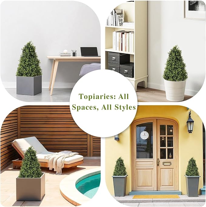 Azoco 30" Artificial Boxwood Topiary Trees Outdoor Set of 2 - UV Resistant Faux Plants for Front Porch Outside Planter, Realistic Fake Cone-Shaped Bushes & Shrubs 2.5ft