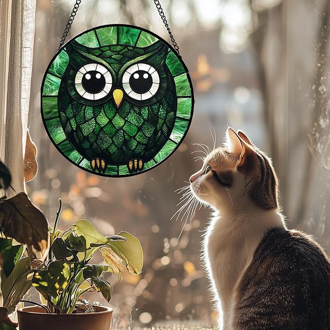 Stained Glass Window Hanging - Green Owl Suncatcher for Doors Garden Patio Funny Bird Sun Catchers Decor Christmas Mother's Day Birthday Teenager Gifts for Women Men Mom Nana Friend 6.3 in