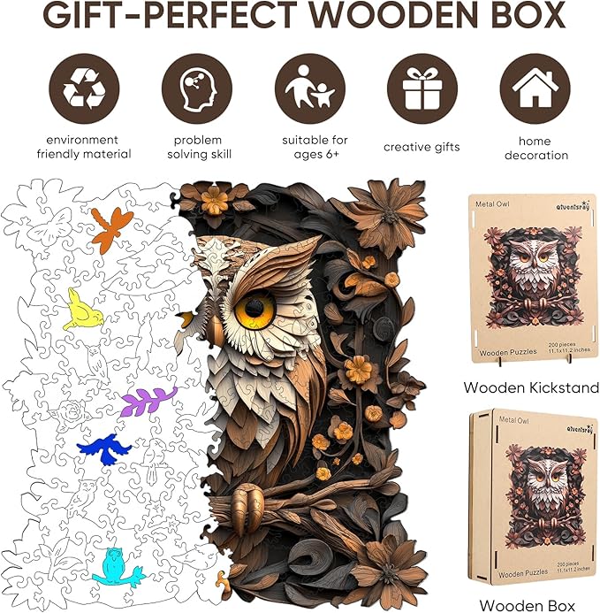 Qiuenisray Wooden Puzzles for Adults, Metal Owl Jigsaw Puzzles 200 Pieces, FSC Certified Unique Animal Adult Wood Puzzles Pieces, Creative Gift for Family Game 11.2x11.1 in