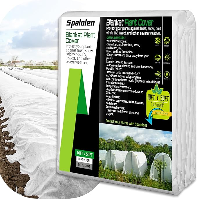 Spalolen Plant Covers Freeze Protection, 10ft X 50ft Floating Row Cover 1.47 oz/yd² Fabric, Garden Frost Cloth Frost Blanket Plant Frost Covers for Outdoor Winter Frost/Sun Pest Protection - White