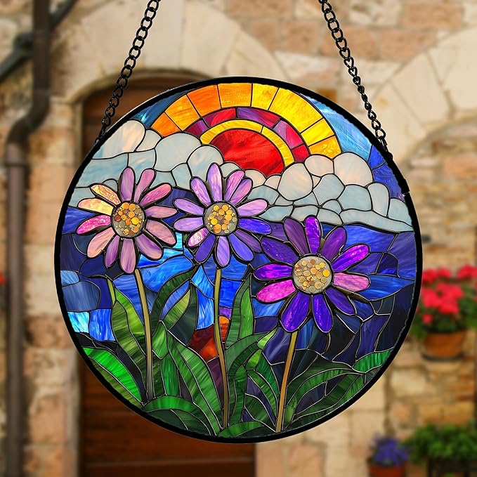 Stained Glass Window Hanging, Butterfly and Sunflowers Sun Catchers Glass Panel Plant Insects Suncatcher Decor for Birthday for Women, Men, Wife, Aunt, and Mom 6.3 in