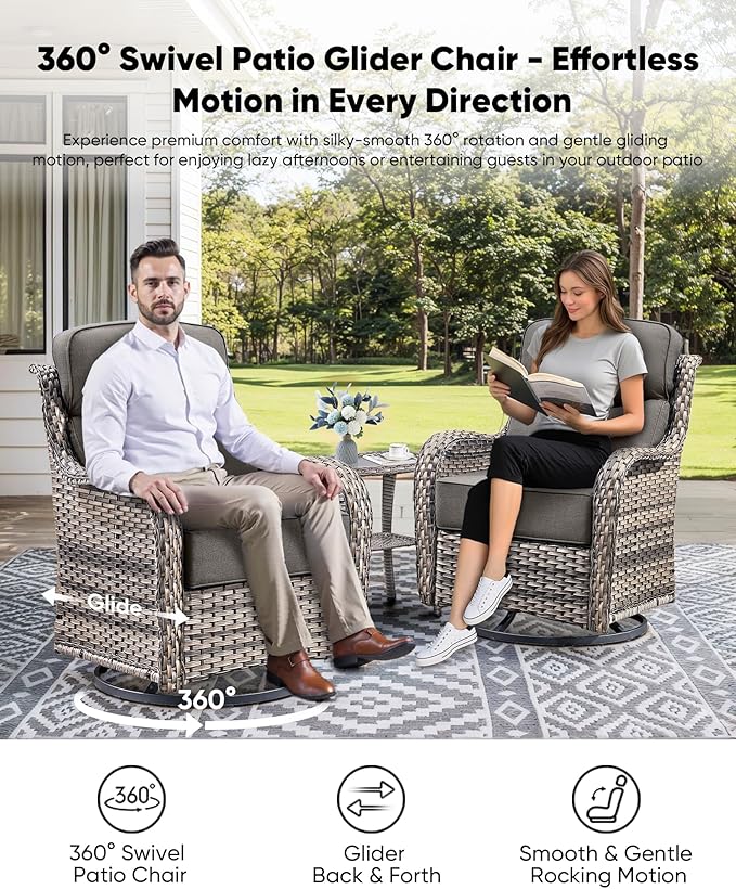 HUMMUH Luxury Patio Furniture Set 6-inch Thick Cushions High Back Swivel Rocker Chairs & 3 Seater-Couch & Steel Fire Pit Table 7 Pieces Outdoor Conversation Set for Porch,Deck,Backyard