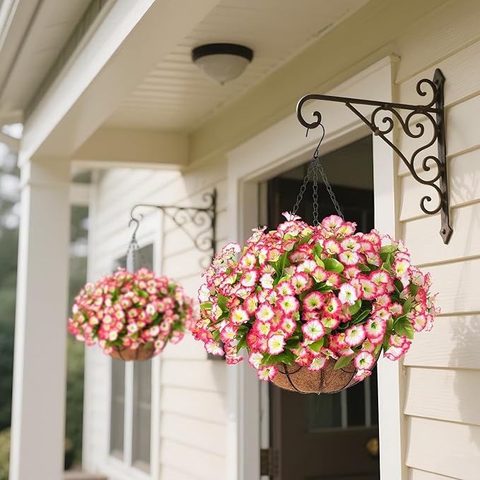 Ammyoo Artificial Hanging Flower Plants with Basket for Outdoor Decoration, Faux Petunias Flowers Fake Morning Glories Planter for Outside Patio Garden Porch Balcony Yard Decor(Pink)