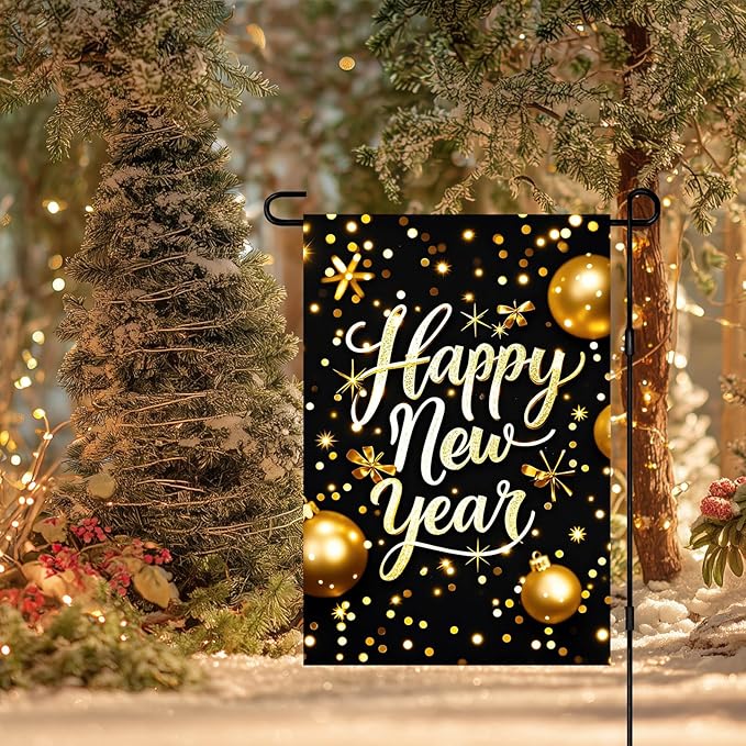 Happy New Year Garden Flag 12x18 Inch Gold Glitter Winter Holiday Yard Decor Seasonal Welcome Banner Outdoor Christmas Lawn Sign Double Sided Polyester For Girls or boys gifts