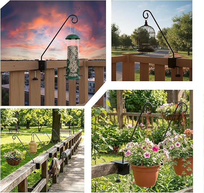 XINWXSS Deck Hook Rail Set of 4, 17 Inch Heavy Duty Deck Hook, 360 Degree Swivel Plant Hanger, Solid Metal Deck Hangers for Hanging Bird Feeders, Wind Chimes, Lanterns and Flower Pots, Black