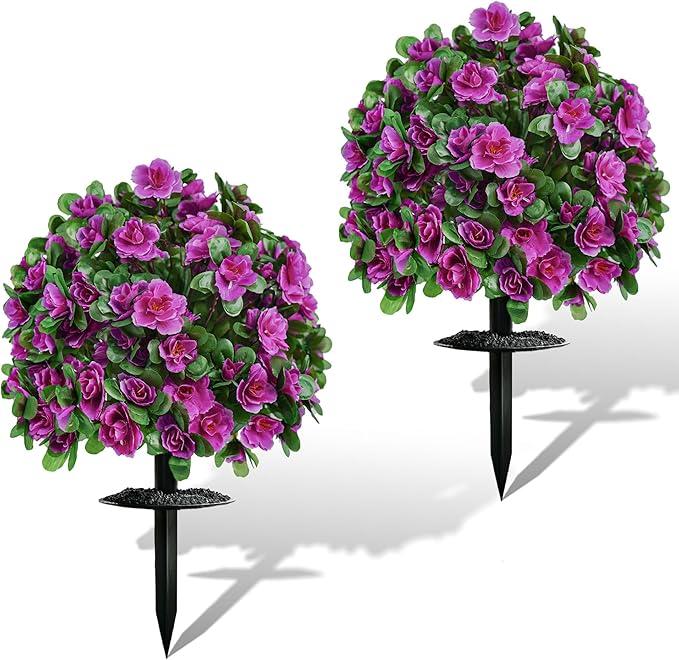 AZXVT Artificial Flowers for Outdoors, Faux Outdoor Plants Fake Plants Topiary Balls Artificial Outdoor Set of 2 with Ground Spike for Home Front Porch Patio Garden Decor (Rose Purple)