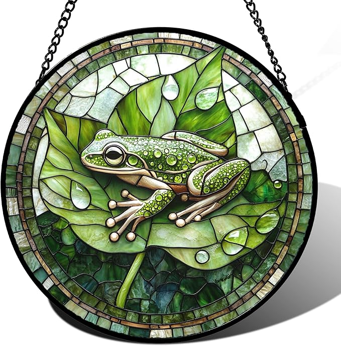 Stained Glass Window Hanging - Cute Frog Suncatcher for Doors Garden Patio Green Leaves Sun Catchers Decor Christmas Mother's Day Birthday Gifts for Women Men Mom Nana Boy Friend 9.8 in