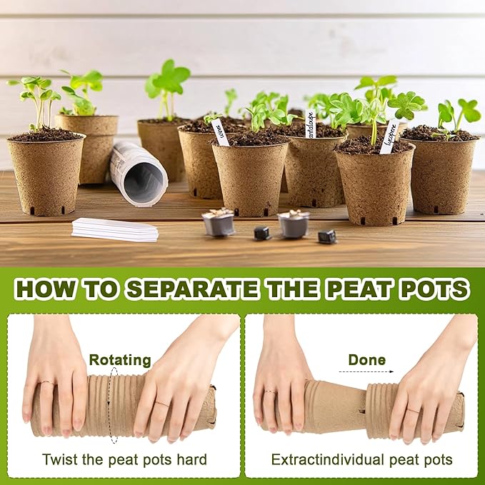 RAINFLOW 25PCS Peat Pots with Labels-Biodegradable Eco-Friendly Pots for Seedlings with Drainage Holes,Garden Germination Nursery Pot for Flower Vegetable Tomato Saplings & Herb Seed Germination