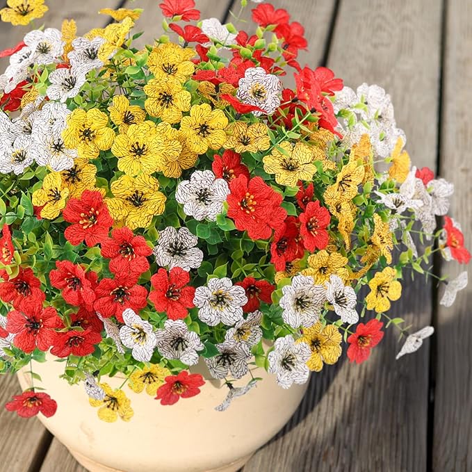 Artificial Spring Flowers Outdoors Faux Plants UV Resistant Plastic Flowers Outdoors Fake Greenery Plants Outside for Garden Porch Planters Silk Flowers Daisy Decor, 12 Bundles (Mix White Yellow Red)