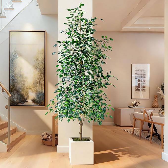 6FT Artificial Ficus Trees Indoor Faux Trees Indoor Fake Floor Plants Tall Artificial Tree with White Pot Faux Tree Fake Indoor Tree Silk Plants Artificial Trees for Home Decor Indoor