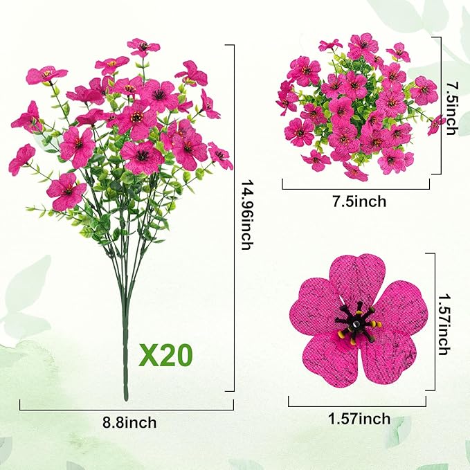 Besteek 20 Bundles Artificial Flowers for Outdoors Decoration Fake Silk Flowers UV Resistant Faux Plants Artificial Daisy Eucalyptus for Spring Summer Garden Yard Porch Window Home Decor, Fuchsia