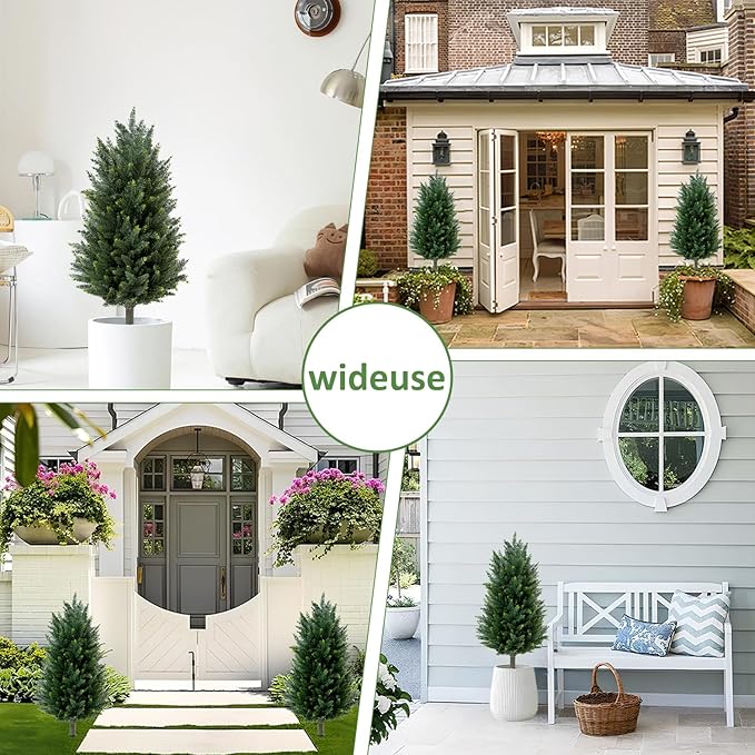 Pair Artificial Cedar Topiary Christmas Trees, 3ft UV-Resistant Faux Cypress shrubs w/Ground Spikes (Including Lights),Tall Evergreen Decorative Plants for Outdoor & Indoor Porch, Patio, and Garden