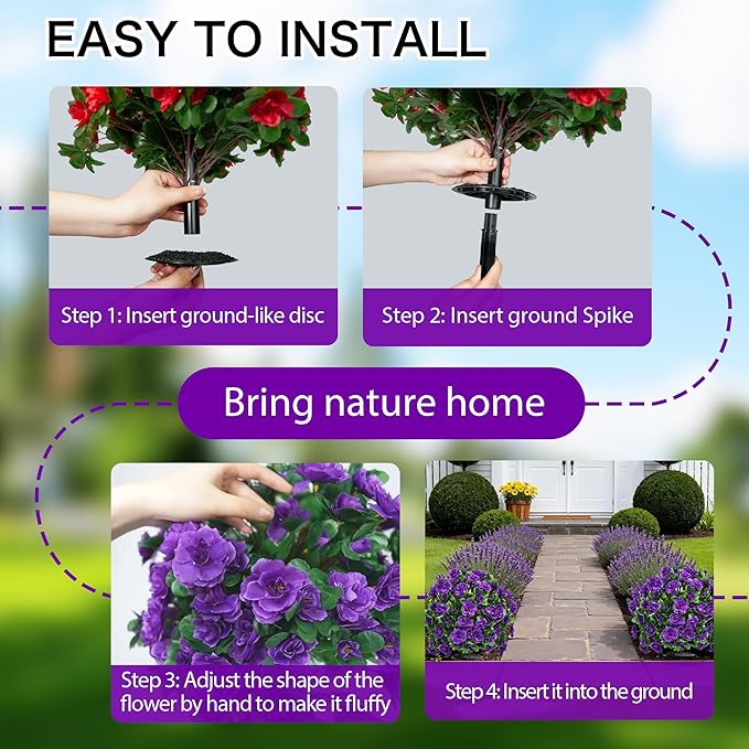 AZXVT Artificial Flowers for Outdoors, Faux Outdoor Plants Fake Plants Topiary Balls Artificial Outdoor Set of 2 with Ground Spike for Home Front Porch Patio Garden Decor (Purple)