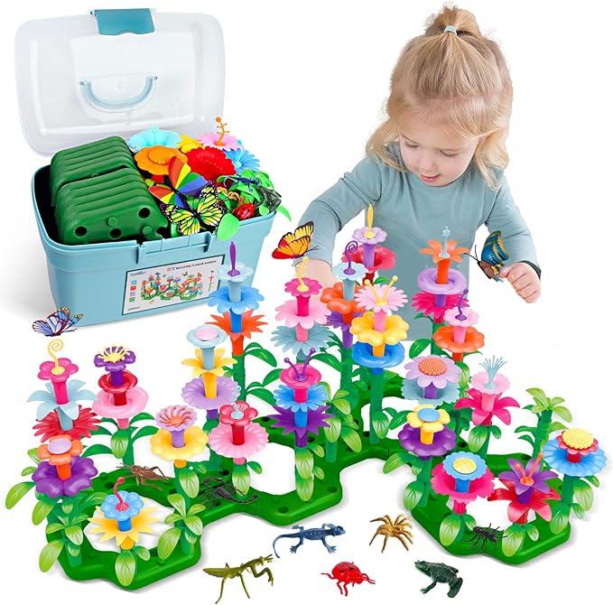Birthday Toys Gifts for 2 3 4 5 6 Years Old Toddler Girls Boys, 156 PCS Insect Flower Garden Building Educational STEM Learning Pretend Play Gardening Set, Easter Gifts for Preschool Kids Age 2+