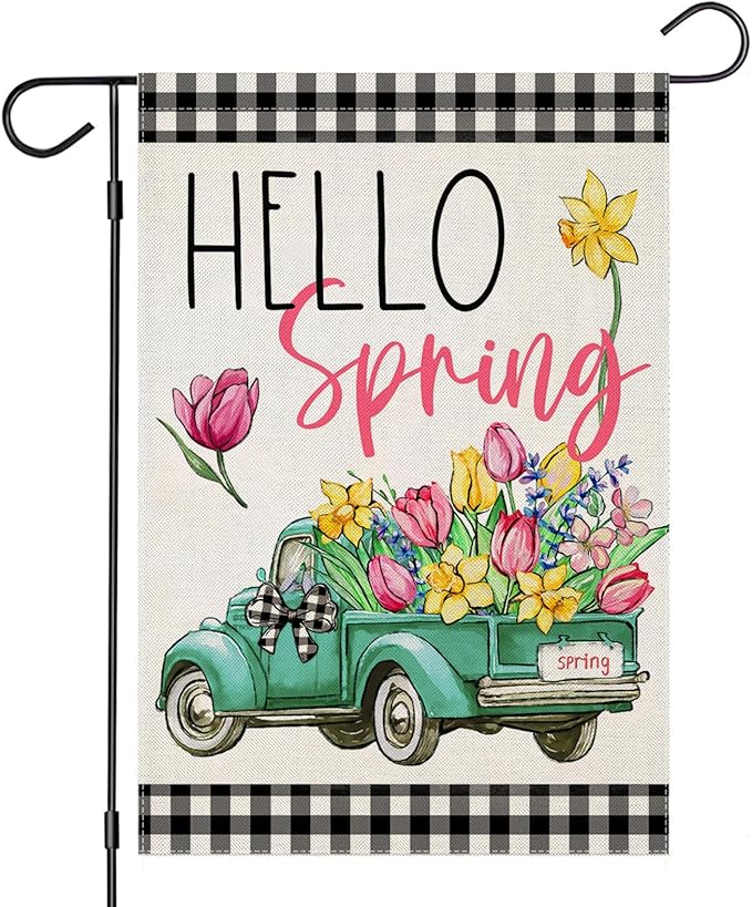 Hello Spring Garden Flags for Outside, Buffalo Plaid Truck with Flowers Yard Decoration, Small Seasonal Summer Outdoor Decor for Farmhouse Holiday,12x18 Inch Double Sided