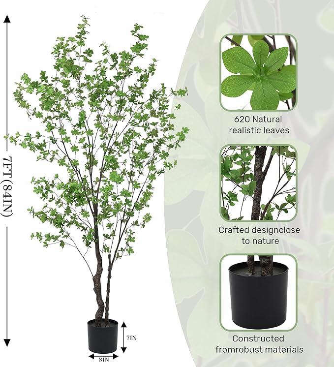 Artificial Enkianthus Tree 7FT(84in) Tall Faux Tree with Large Trunks and Realistic Leaves, Fake Enkianthus Trees Floor Potted Plants for Home Office Living Room Indoor Outdoor Decor (7feet,1Pack)