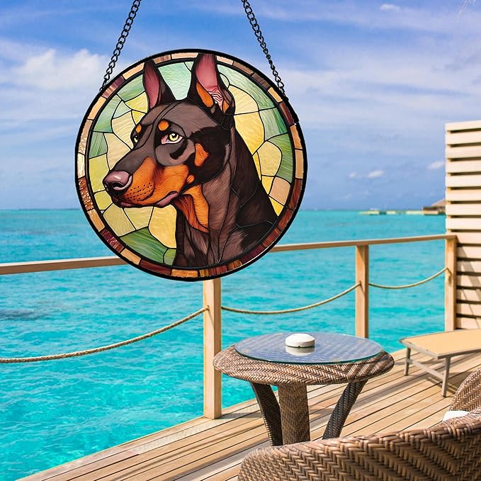 Stained Glass Window Hanging - Funny Dark Brown Doberman Pinscher Suncatcher for Door Terrace Garden Home Decor, Pet Dog Sun Catcher Birthday Gifts for Lovers Women Men Dad Mom Nana 9.8 in