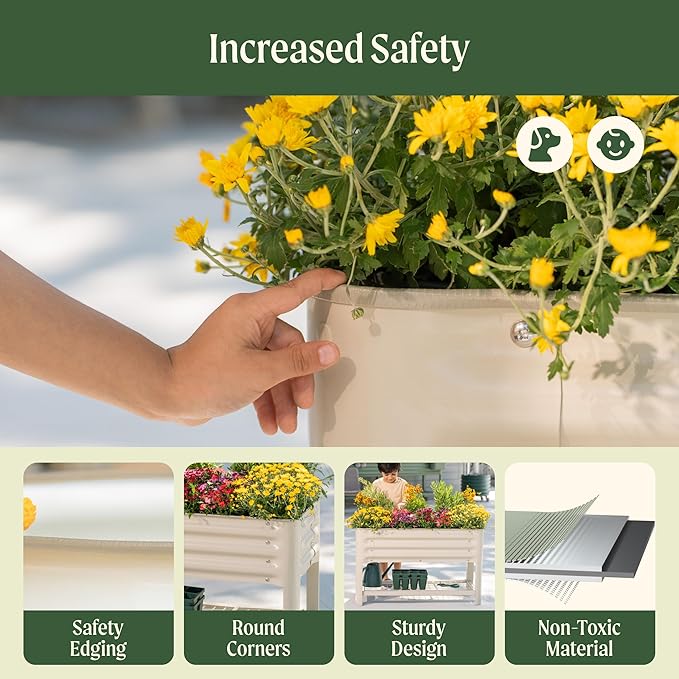 Elevated Raised Garden Bed for Kids, 16"(W) x 36" (L) x 22"(H) Outdoor Planters Box with Legs & Storage Rack, Solid & Safe Raised Beds for Gardening Herbs Vegetables Flowers, Pearl White