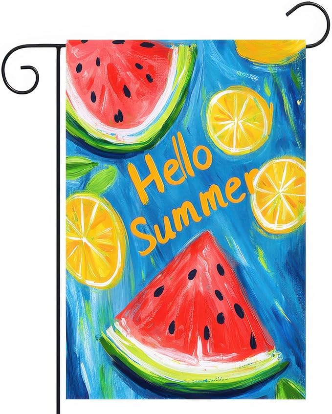 Hello Summer Garden Flag Double Sided 12 x 18 Fruity Watermelon Lemon Juice Small Decorative Farmhouse Yard Seasonal Decor Outdoor Outside