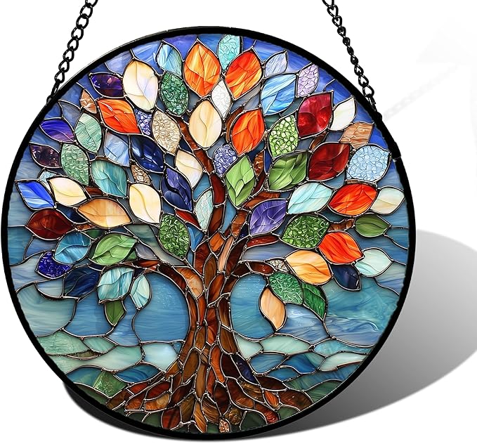 DASTOLL Stained Glass Window Hanging, Colorful Tree of Life Sun Catchers Glass Panel Blue Suncatcher Decor for Birthday for Women, Men, Wife, Aunt, and Mom 7.8 in