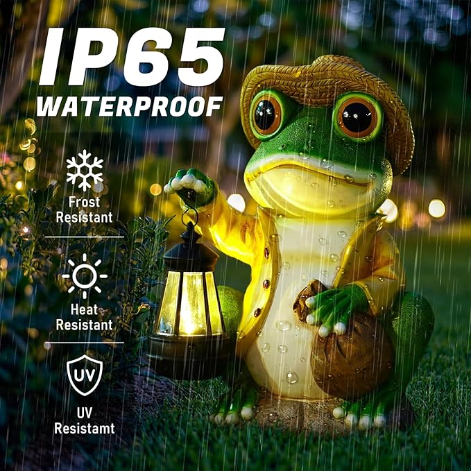 Pohabery Large Frog Garden Statue, 13.3 Inches Tall, Resin Frog Decor with Solar Lantern for Outdoor Decoration and Housewarming