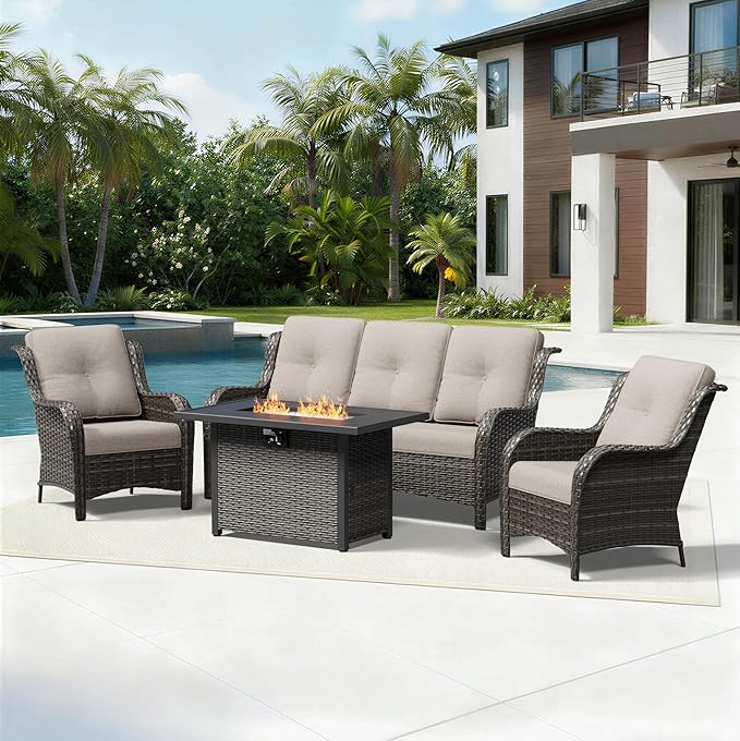 Joyside 4 Piece Wicker Patio Furniture Set with Fire Pit Table, Rattan Patio Chairs with High Back, Deep Seating, Wide Armrest, Thickened Cushions, Outdoor Furniture for Deck, Porch Use