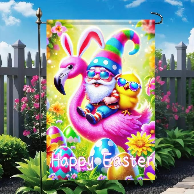 Happy Easter Garden Flag 12x18 Inch Double Sided Gnome Flamingo Chick Design with Easter Egg Small Outdoor Yard Flag Colorful Easter Banner for Porch Lawn Patio Spring Decor