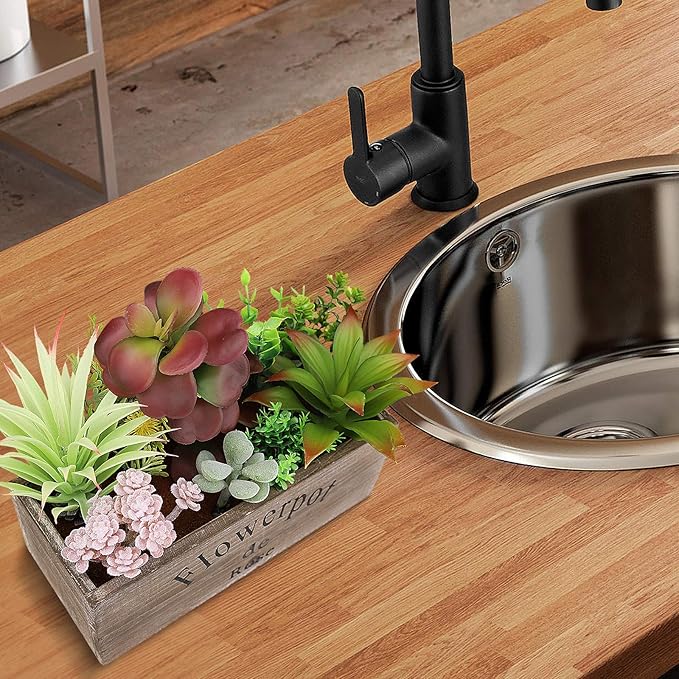 Hopewood Artificial Succulent Plants Arrangement in Wooden Planter, Fake Succulents Plants in Rustic Wood Box, Faux Succulent in Rectangular Pot, Centerpiece, Home Office Shelf Indoor Decor Plants