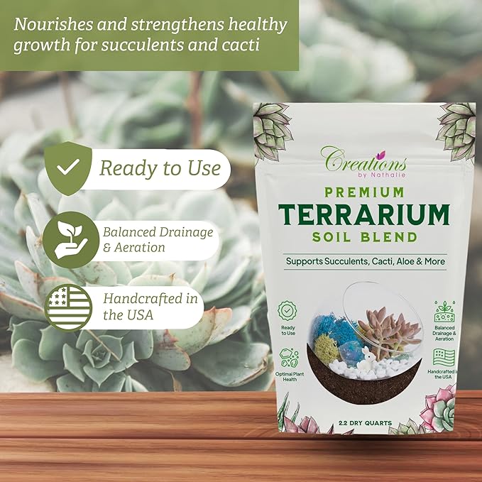 Creations by Nathalie Terrarium Soil Blend - Well Draining Potting Soil for Live Succulents, Cactus, Aloe - Terrarium Supplies, Natural Pine Bark, Peat, Coarse Sand - Indoor Planting Mix Bag