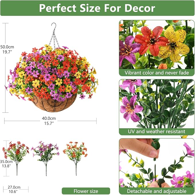 INQCMY Artificial Flowers Hanging Baskets for Outdoors Spring Decor, 12 Bundles Fake Plants Faux Silk Daisy with Eucalyptus Stem UV Resistant for Outside Patio Balcony Garden(4 Mix Colors)