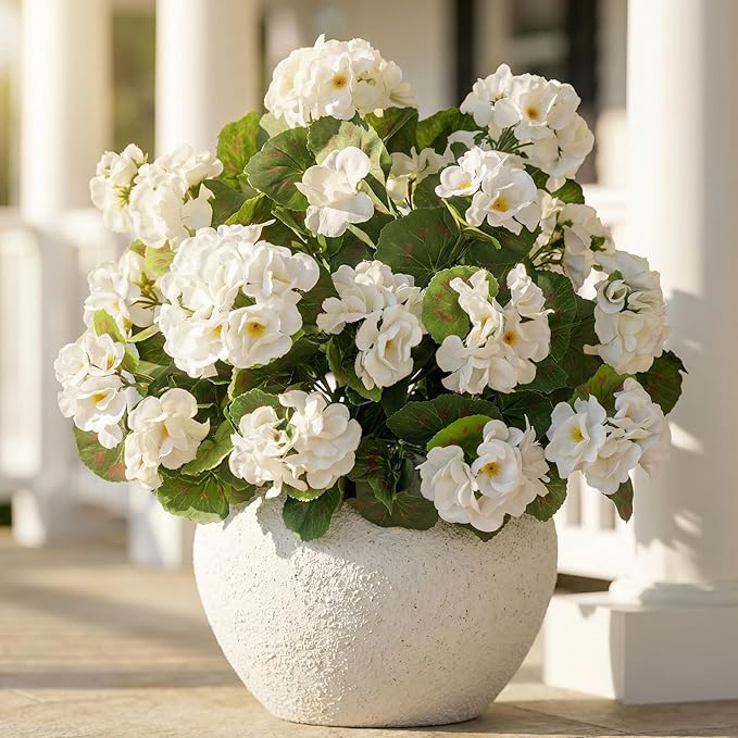 Uqueeten 4pcs Fake Flower Artificial Geranium,Artificial Flowers for Outdoors, White Geraniums Artificial Flowers Realistic,Artificial Geraniums for Outdoors Fake Plant Decoration14.4 (White)