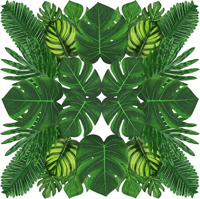Tropical Party Decorations, 50 Pieces 7 Kinds Palm Leaves Artificial Tropical Monstera, Green Jungle Leaf with Stem for Jungle Hawaiian Luau Party Table Decoration Wedding Birthday