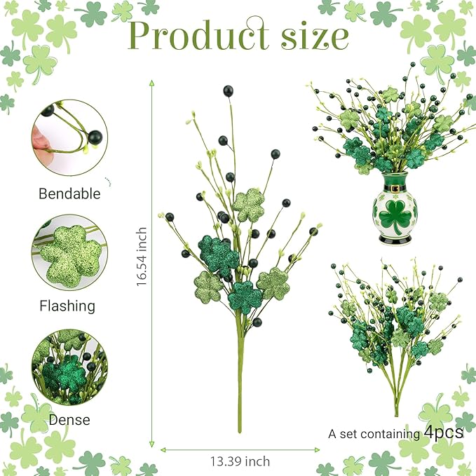 4Pcs St.Patrick's Day Shamrock Flowers Glitter Artificial Shamrock Picks with Lucky Clover Berries for St. Patrick's Day Decorations Centerpieces Home Decor