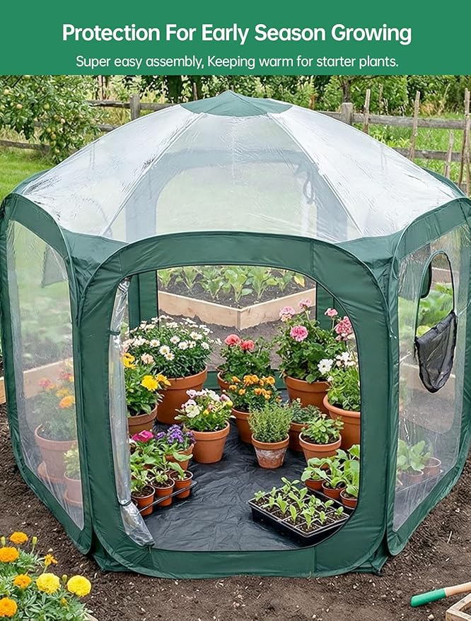 Porayhut Pop up Greenhouse Tent,Portable Large Walk-in Plant House 10’X10’ ,Indoor Outdoor Gardening Plant Sunshine Room with PVC Mesh Cloth Cover for Protecting Plant from Cold Frost & Birds
