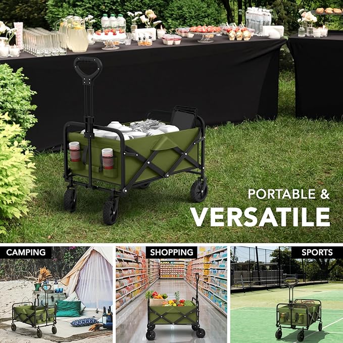 Lifetime Home Collapsible Foldable Heavy Duty Utility Wagon Cart with Larger Capacity - Perfect for Shopping, Sports Events, Grocery, Moving, Camping, Laundry, Beach - Green