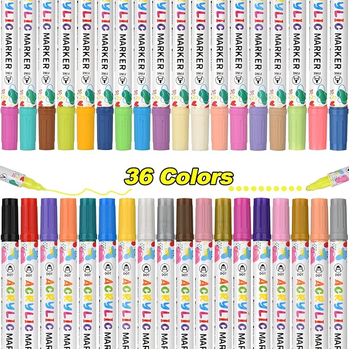 KEMYR 36 Colors Acrylic Paint Pens, Dual Tip Acrylic Paint Markers for Paper, Wood, Canvas, Stone, Rock Painting, Glass, Fabric, DIY, Ceramic, Art Supplies for Adults Drawing (Dot + Fine)