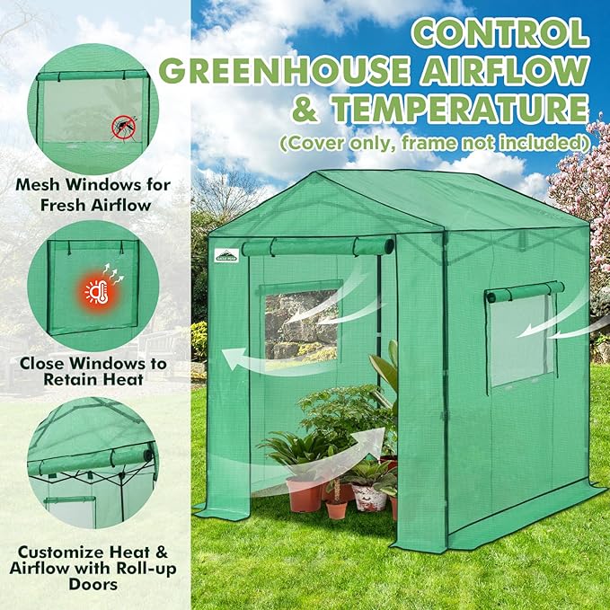 EAGLE PEAK Replacement Cover for 6x6 Gable Roof Pop up Greenhouse, Front and Rear Roll-Up Zipper Entry Doors and 2 Large Roll-Up Side Windows (Frame Not Included), Green