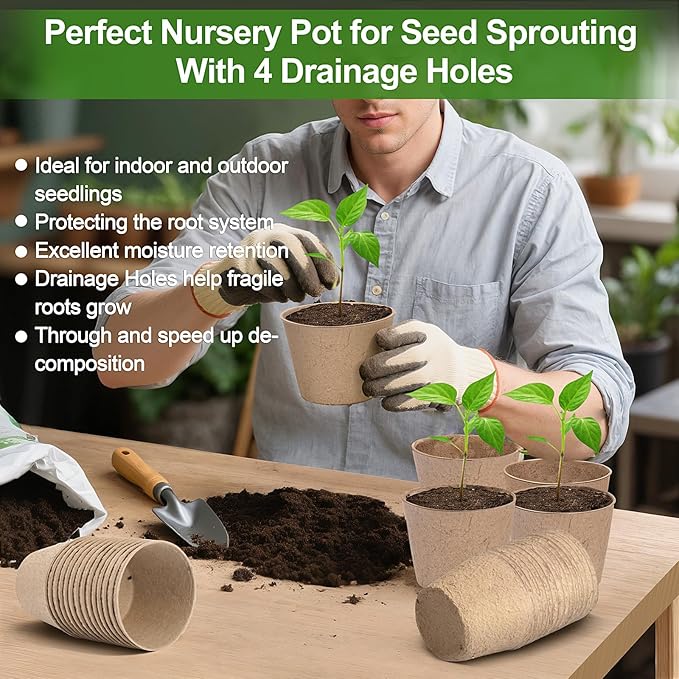 ARGCONNER Peat Pots, 60 Pack Plant Starter Round Nursery Pot with Drainage Holes, Garden Germination Seedling Pots with 30 Plant Labels (4 Inch)