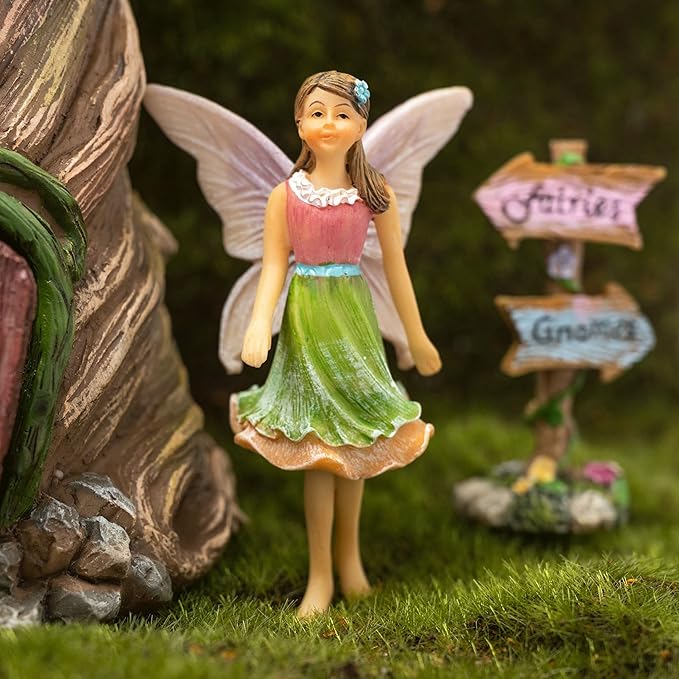 PRETMANNS Fairy House Kit - Fairy Garden Accessories for Outdoor Miniature Village Decor, with Fairies & Sign - Flower Stump House, 7" High & Door can Open Wide - 4 Piece Supplies