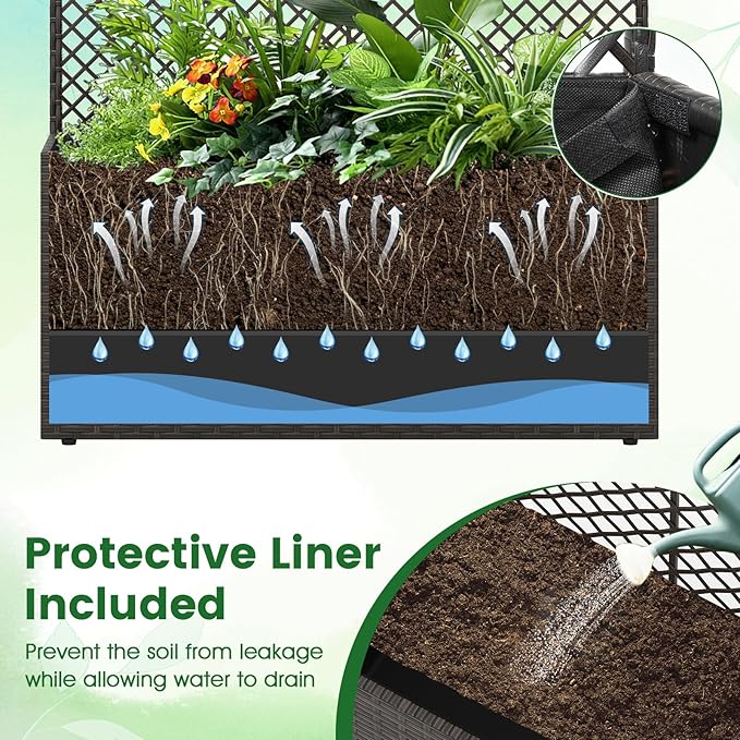 HAPPYGRILL Raised Garden Bed with Trellis, 49" Wicker Planter Box w/Privacy Screen, Liner, Drainage for Patio Balcony, Outdoor PE Rattan Elevated Garden Bed for Climbing Plant Vine Flower (Brown,2)