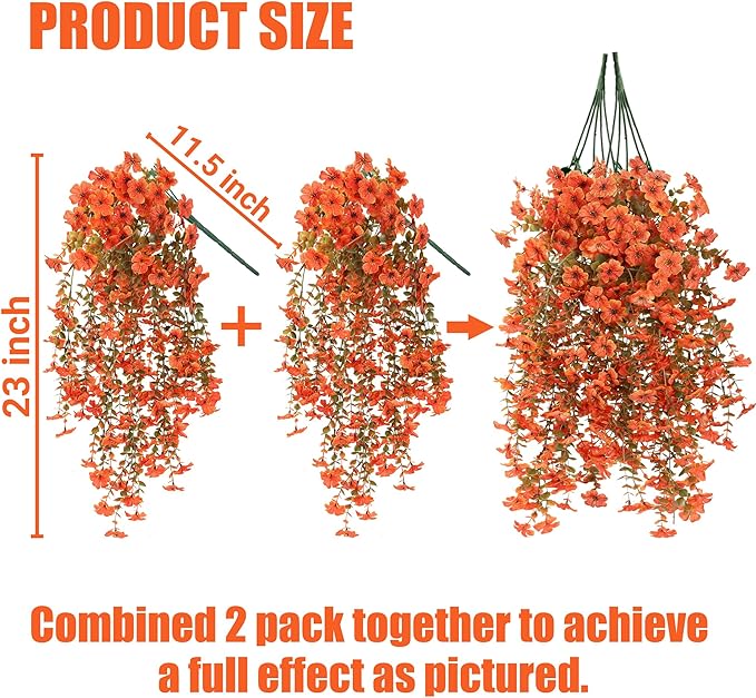 Artificial Fake Hanging Flowers Fall Plants for Outdoor Outside Autumn Decoration 2PCS Faux Silk UV Resistant Realistic with Eucalyptus for Home Thanksgiving Harvest Porch Patio Balcony(Fall Orange)