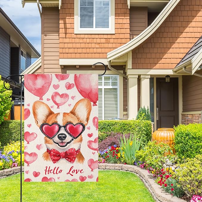 Valentine's Day Corgi Hello Love Garden Flag, House Yard Plaid Love Heart Outside Decoration, Spring Holiday Wedding Anniversary Outdoor Small Decor 12x18(12644)
