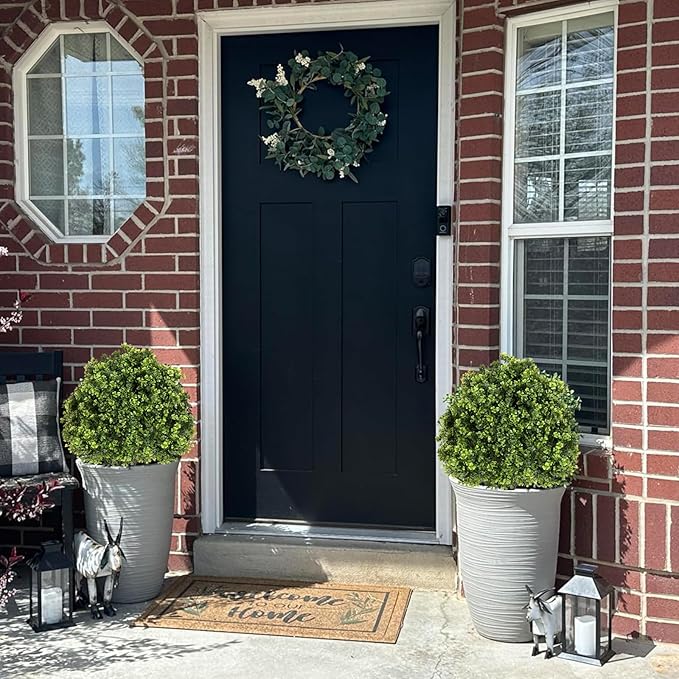 Azoco 27“ Realistic Artificial Boxwood Topiary Trees Set of 2, Faux Boxwood Plants Outdoor UV-Resistant, No Maintenance Curb Appeal Fake Evergreen Bushes & Shrubs for Front Porch Outside Planter Decor